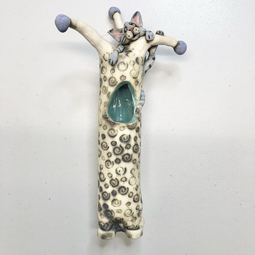 Rudkin Studios Cat On A Tree Handmade Pottery Sculpture 11”